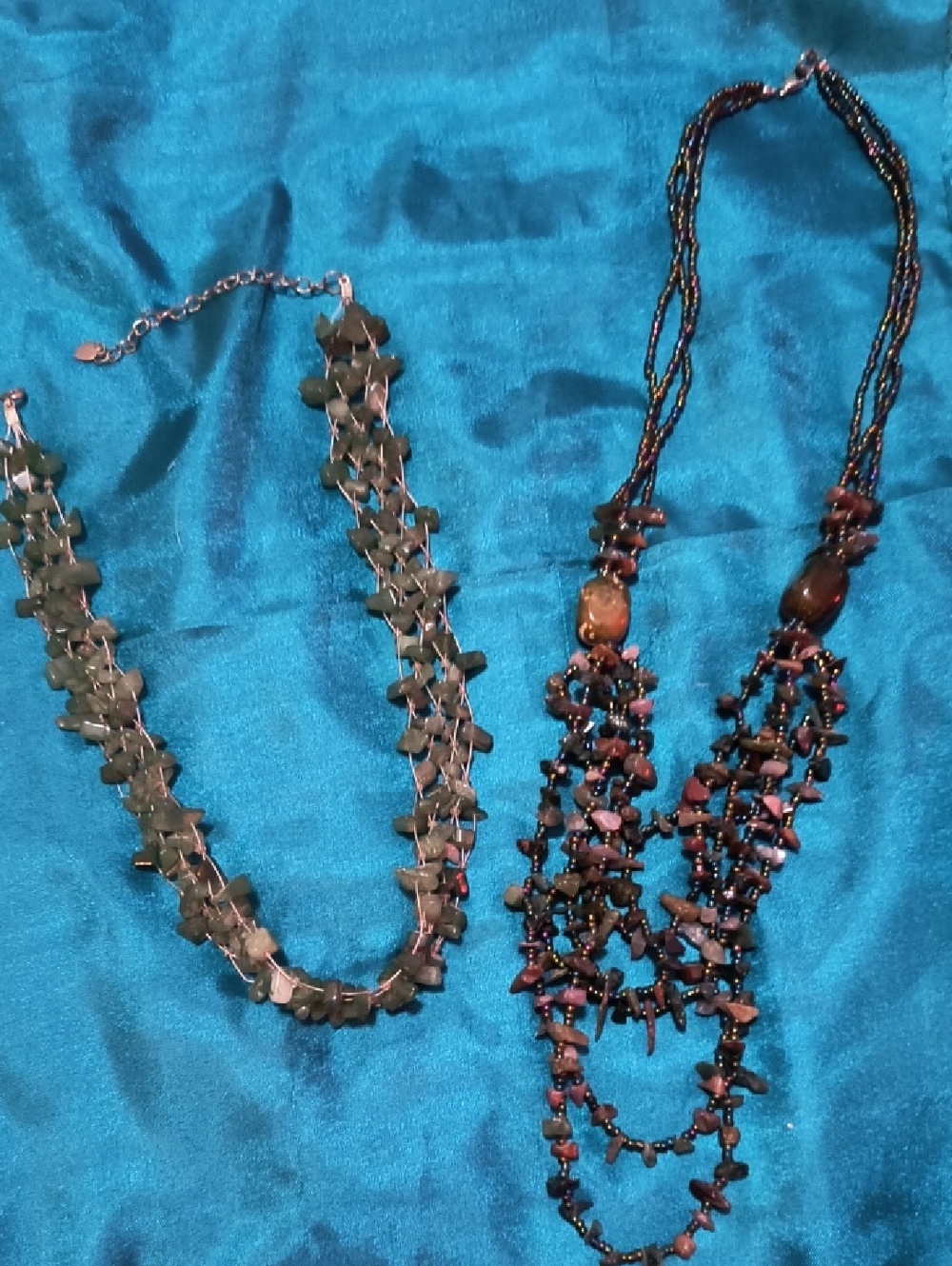 Lot Of 2 Handcrafted Multi-Strand Natural Stone Necklace in Green and Brown -